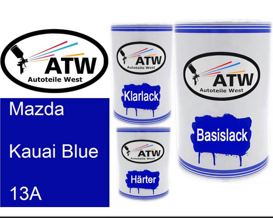 Mazda, Kauai Blue, 13A: 500ml Lackdose + 500ml Klarlack + 250ml Härter - Set, von ATW Autoteile West.
